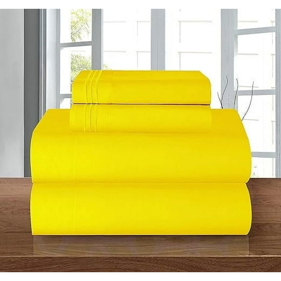 Mocassi 4-Piece Deep Pocket Bed Sheet Set, Three-Line Design 1500 Thread Count Microfiber, Wrinkle and Fade Resistant, California King, Yellow