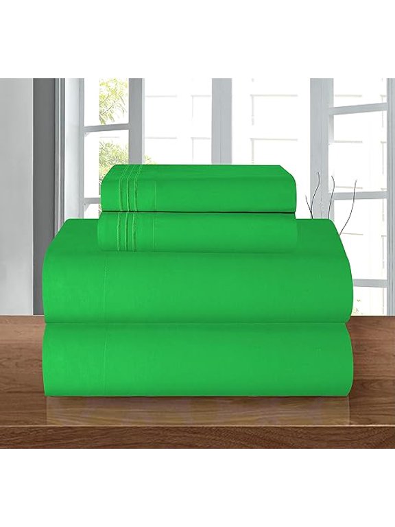 4-Piece Deep Pocket Bed Sheet Set, Three-Line Design 1500 Thread Count Microfiber, Wrinkle and Fade Resistant, Full, Emerald Green