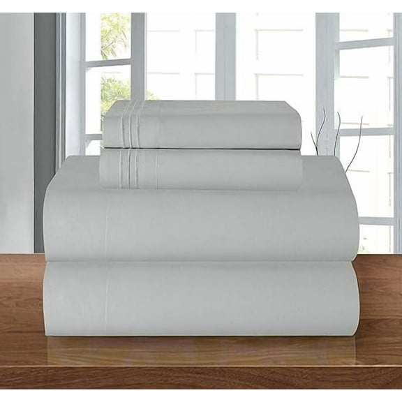 Mocassi 4-Piece Deep Pocket Bed Sheet Set, Three-Line Design 1500 Thread Count Microfiber, Wrinkle and Fade Resistant, Full, Silver