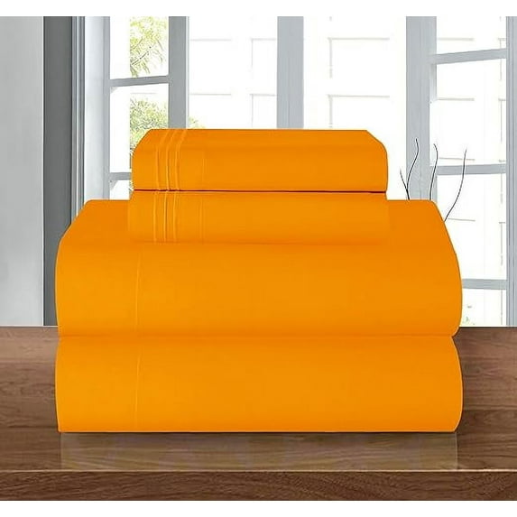 Mocassi 4-Piece Deep Pocket Bed Sheet Set, Three-Line Design 1500 Thread Count Microfiber, Wrinkle and Fade Resistant, King, Orange