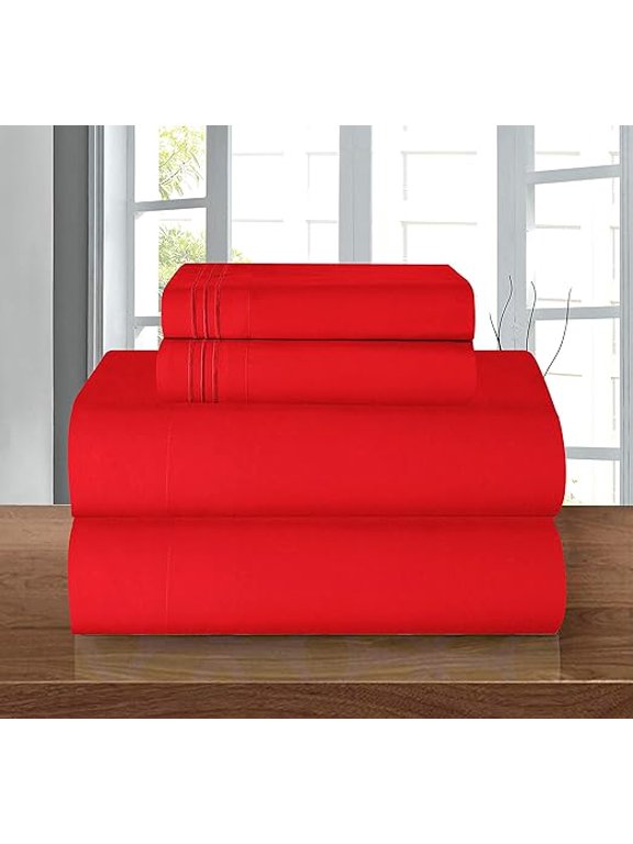 4-Piece Deep Pocket Bed Sheet Set, Three-Line Design 1500 Thread Count Microfiber, Wrinkle and Fade Resistant, King, Red