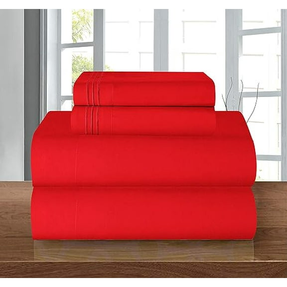 Mocassi 4-Piece Deep Pocket Bed Sheet Set, Three-Line Design 1500 Thread Count Microfiber, Wrinkle and Fade Resistant, King, Red