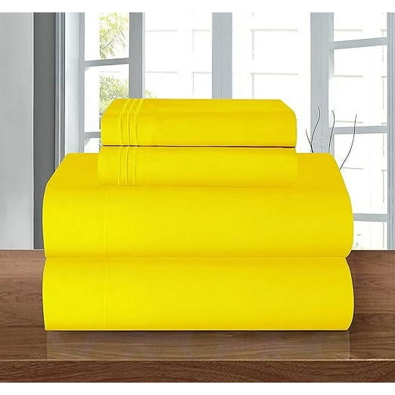 Mocassi 4-Piece Deep Pocket Bed Sheet Set, Three-Line Design 1500 Thread Count Microfiber, Wrinkle and Fade Resistant, King, Yellow