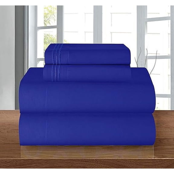 Mocassi 4-Piece Deep Pocket Bed Sheet Set, Three-Line Design 1500 Thread Count Microfiber, Wrinkle and Fade Resistant, Queen, Royal Blue