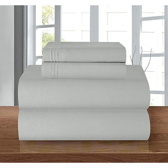 Mocassi 4-Piece Deep Pocket Bed Sheet Set, Three-Line Design 1500 Thread Count Microfiber, Wrinkle and Fade Resistant, Queen, Silver