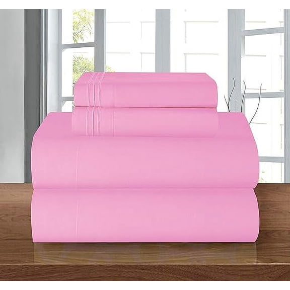 Mocassi 4-Piece Deep Pocket Bed Sheet Set, Three-Line Design 1500 Thread Count Microfiber, Wrinkle and Fade Resistant, Twin, Light Pink
