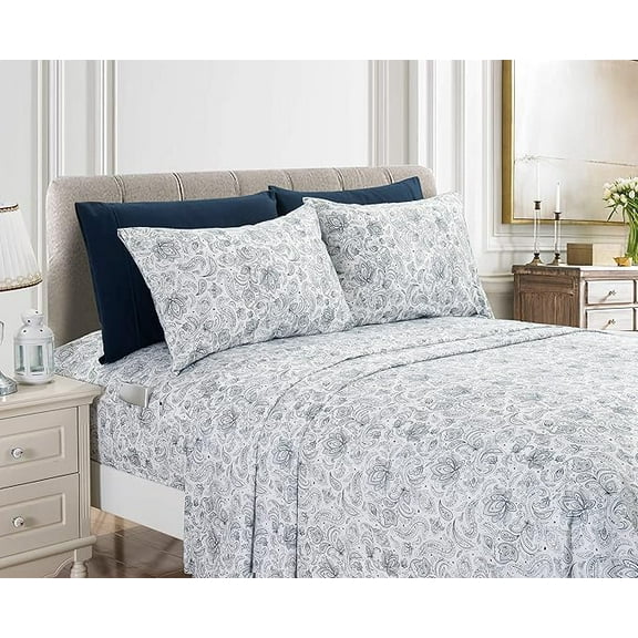 Mocassi 4-Piece Fitted Sheet Set with Smart Pockets, Amelia Paisley Printed - 1500 Thread Count, Fade, Stain, and Wrinkle Resistant, Paisley Sheet Set, Twin, Sapphire Navy