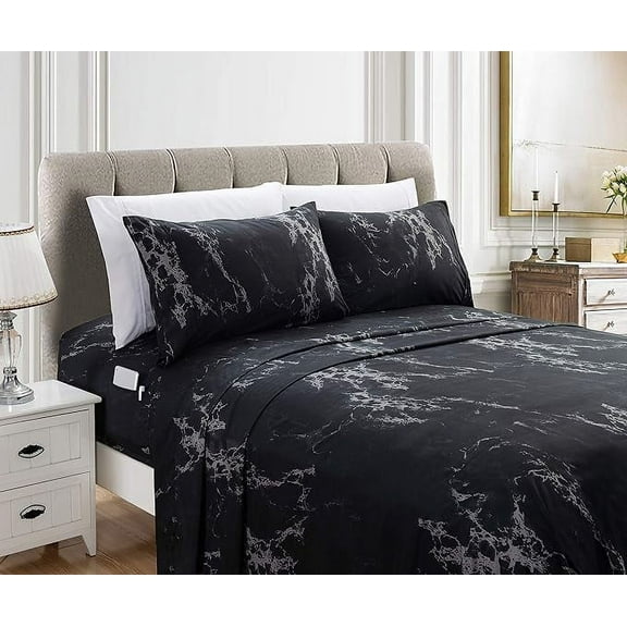 Mocassi 4-Piece Fitted Sheet Set with Smart Pockets Eloise Marble Printed - 1500 Thread Count, Wrinkle Resistant and Super Soft Material, Marble Sheet Set, King, Twin, Onyx Black
