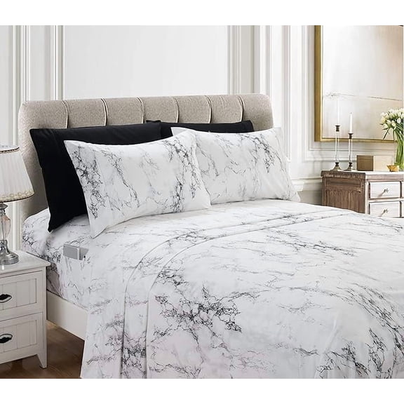 Mocassi 4-Piece Fitted Sheet Set with Smart Pockets Eloise Marble Printed - 1500 Thread Count, Wrinkle Resistant and Super Soft Material, Marble Sheet Set, King, Twin XL, Sicily White