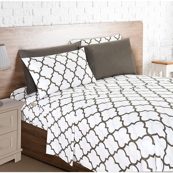 Mocassi 4-Piece Fitted Sheet Set with Smart Pockets Moroccan Trellis Print - 1500 Thread Count, Cozy, Fade Resistant, Moroccan Trellis Sheet Set, Twin, Misty White