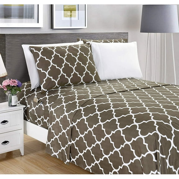 Mocassi 4-Piece Quatrefoil Printed Deep Pocket Bed Sheet Set, Twin/Twin XL, Gray