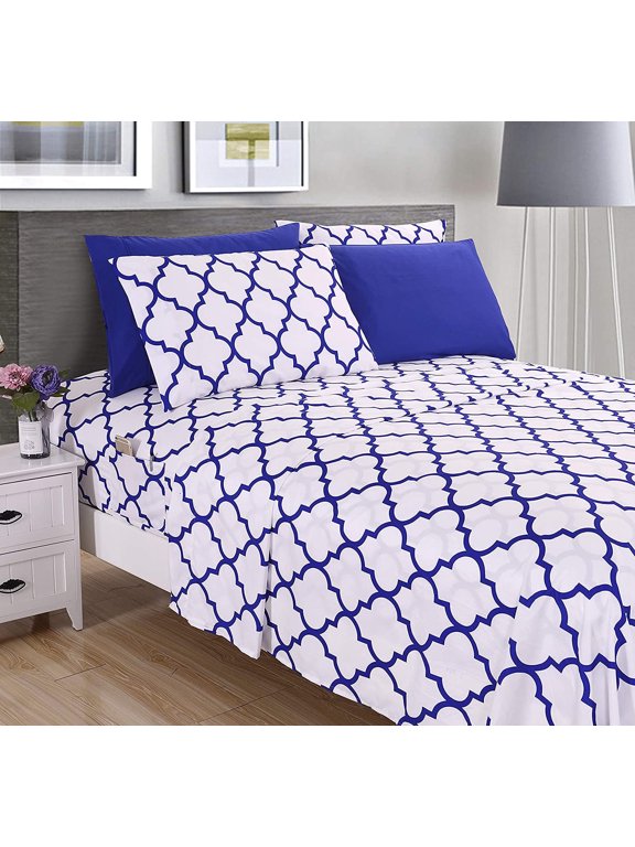 4-Piece Quatrefoil Printed Deep Pocket Bed Sheet Set, Twin/Twin XL, Royal Blue