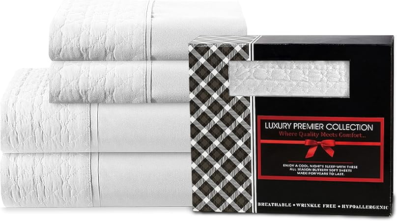Mocassi 4-Piece Quilted Fitted Bed Sheet Set GIFT BOX with Deep Pocket - 1500 Thread Count Quality Softness, Wrinkle Resistant, All Around Elastic, Twin, White
