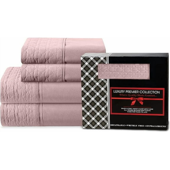 Mocassi 4-Piece Quilted Fitted Bed Sheet Set GIFT BOX with Deep Pocket - 1500 Thread Count Quality Softness, Wrinkle Resistant, All Around Elastic, Full, Dusty Rose