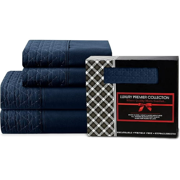 Mocassi 4-Piece Quilted Fitted Bed Sheet Set GIFT BOX with Deep Pocket - 1500 Thread Count Quality Softness, Wrinkle Resistant, All Around Elastic, Full, Navy Blue