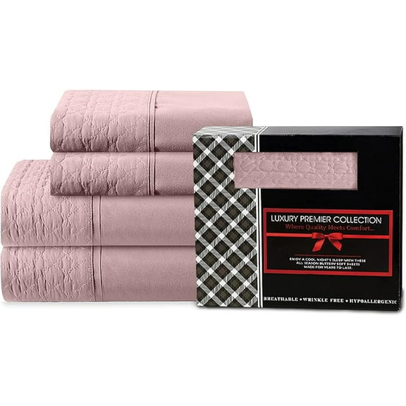 Mocassi 4-Piece Quilted Fitted Bed Sheet Set GIFT BOX with Deep Pocket - 1500 Thread Count Quality Softness, Wrinkle Resistant, All Around Elastic, King, Dusty Rose