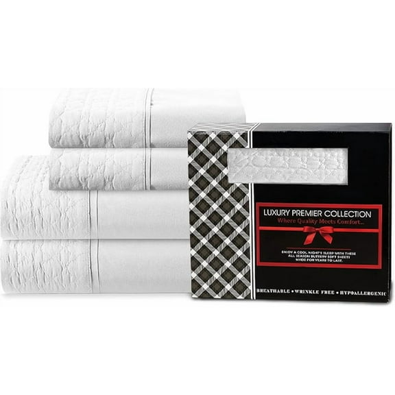 Mocassi 4-Piece Quilted Fitted Bed Sheet Set GIFT BOX with Deep Pocket - 1500 Thread Count Quality Softness, Wrinkle Resistant, All Around Elastic, Queen, White