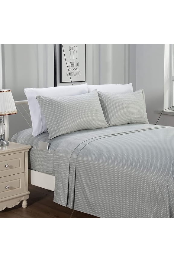 4-Piece Sheet Set with Smart Pockets Delilah Polkadot - 1500 Thread Count Cozy, Fade & Wrinkle Resistant, Polkadot Sheet Set, Twin, Silver Grey