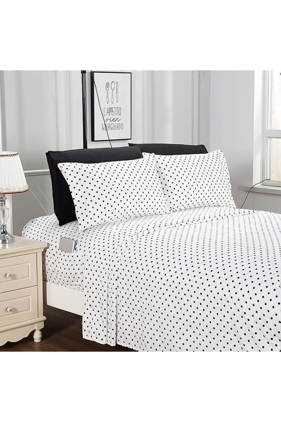 4-Piece Sheet Set with Smart Pockets Delilah Polkadot - 1500 Thread Count Cozy, Fade & Wrinkle Resistant, Polkadot Sheet Set, Twin, White