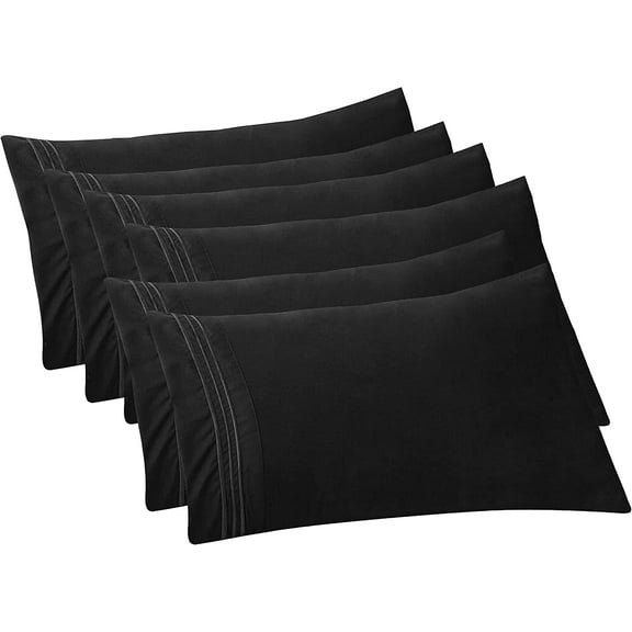 Mocassi 6-PACK Solid Pillowcases 1500 Thread Count Egyptian Quality,Easy Slip-On, 6-Piece Set, Standard/Queen Pillowcase, Black