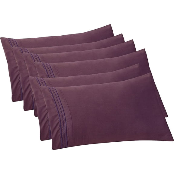 Mocassi 6-PACK Solid Pillowcases 1500 Thread Count Egyptian Quality,Easy Slip-On, 6-Piece Set, Standard/Queen Pillowcase, Purple