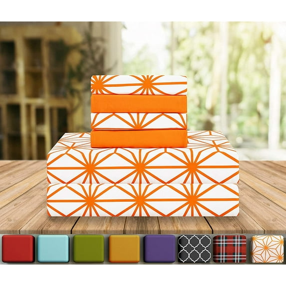 Mocassi 6-Piece 1500 Thread Count Orange Cube Microfiber Bed Sheet Set, King - Deep Pocket