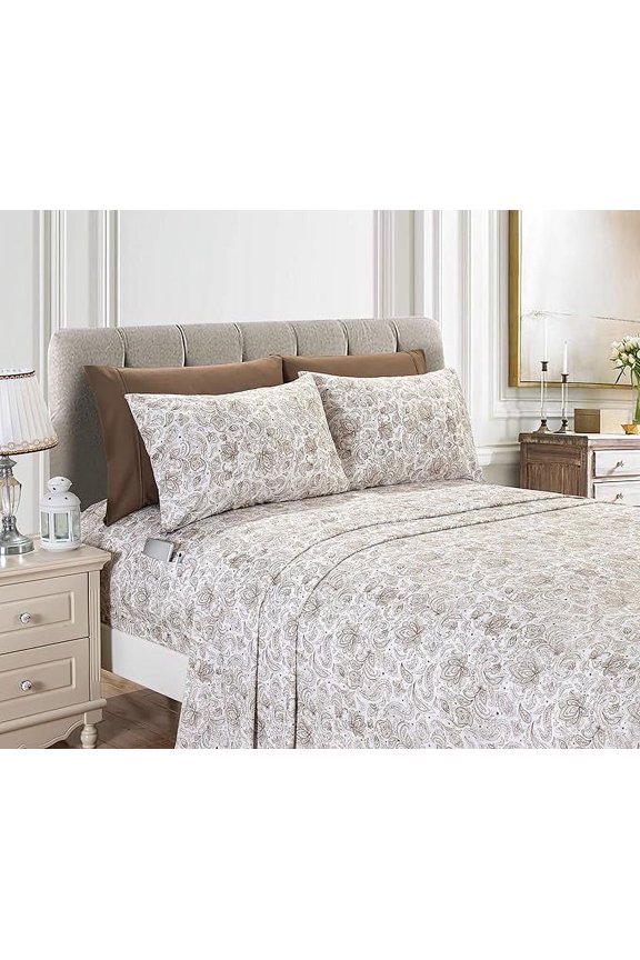 6-Piece Fitted Sheet Set with Smart Pockets, Amelia Paisley Printed - 1500 Thread Count, Fade, Stain, and Wrinkle Resistant, Paisley Sheet Set, King, Latte Taupe