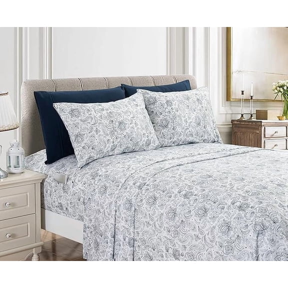 Mocassi 6-Piece Fitted Sheet Set with Smart Pockets, Amelia Paisley Printed - 1500 Thread Count, Fade, Stain, and Wrinkle Resistant, Paisley Sheet Set, King, Sapphire Navy