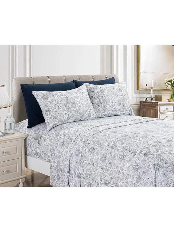 6-Piece Fitted Sheet Set with Smart Pockets, Amelia Paisley Printed - 1500 Thread Count, Fade, Stain, and Wrinkle Resistant, Paisley Sheet Set, King, Sapphire Navy