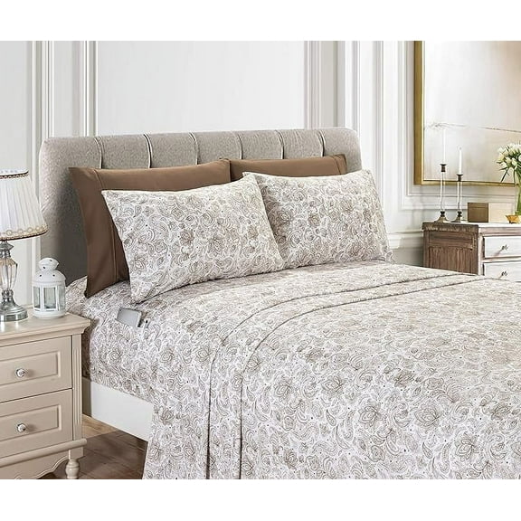 Mocassi 6-Piece Fitted Sheet Set with Smart Pockets, Amelia Paisley Printed - 1500 Thread Count, Fade, Stain, and Wrinkle Resistant, Paisley Sheet Set, Queen, Latte Taupe