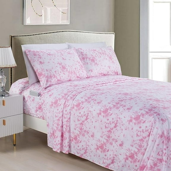 Mocassi 6-Piece Fitted Sheet Set with Smart Pockets Aria Tie-Dye - 1500 Thread Count, Spiral Tie-Dye, Silky Soft, Fade and Wrinkle Resistant, 6PC Tie-Dye,, Full, Light Pink Blush