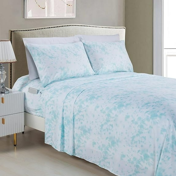 Mocassi 6-Piece Fitted Sheet Set with Smart Pockets Aria Tie-Dye - 1500 Thread Count, Spiral Tie-Dye, Silky Soft, Fade and Wrinkle Resistant, 6PC Tie-Dye,, King, Aqua