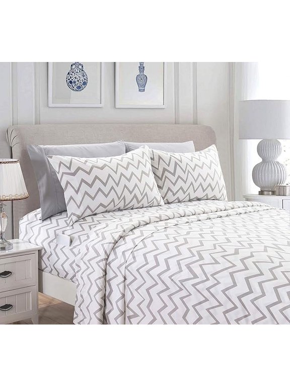 6-Piece Fitted Sheet Set with Smart Pockets Chevron Pattern Collection - 1500 Series, Fade, Stain, and Wrinkle Resistant, Chevron Sheet Set, King, Gray