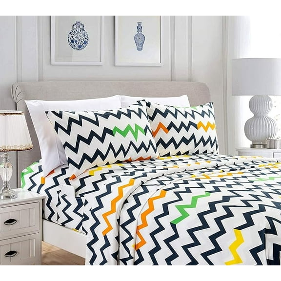 Mocassi 6-Piece Fitted Sheet Set with Smart Pockets Chevron Pattern Collection - 1500 Thread Count, Fade, Stain, and Wrinkle Resistant, Chevron Sheet Set, Queen, Multicolor