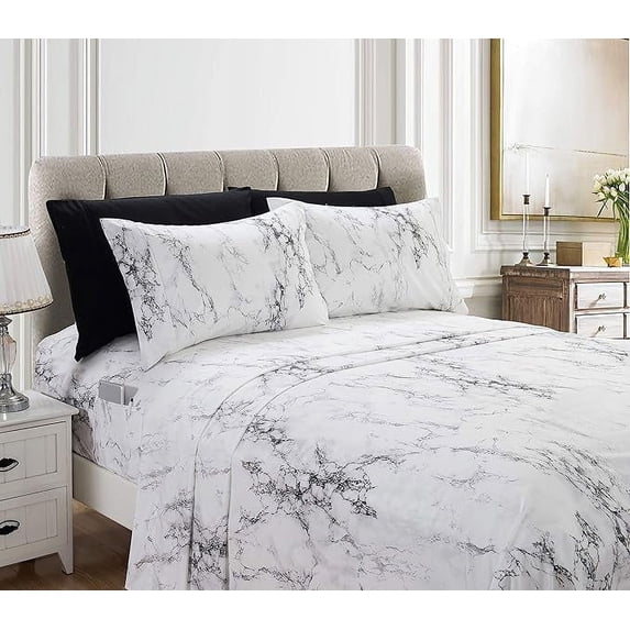 Mocassi 6-Piece Fitted Sheet Set with Smart Pockets Eloise Marble Printed - 1500 Thread Count, Wrinkle Resistant and Super Soft Material, Marble Sheet Set, King, Queen, Sicily White