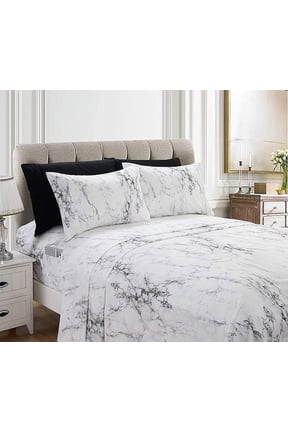 6-Piece Fitted Sheet Set with Smart Pockets Eloise Marble Printed - 1500 Thread Count, Wrinkle Resistant and Super Soft Material, Marble Sheet Set, King, Queen, Sicily White