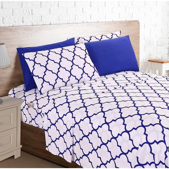 Mocassi 6-Piece Fitted Sheet Set with Smart Pockets Moroccan Trellis Print - 1500 Thread Count, Cozy, Fade Resistant, Moroccan Trellis Sheet Set, Full, Cobalt Blue