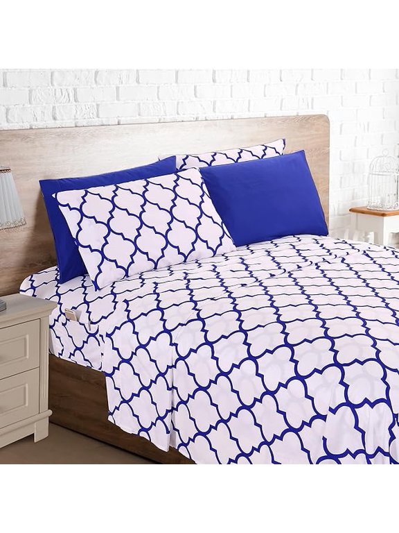 6-Piece Fitted Sheet Set with Smart Pockets Moroccan Trellis Print - 1500 Thread Count, Cozy, Fade Resistant, Moroccan Trellis Sheet Set, Full, Cobalt Blue