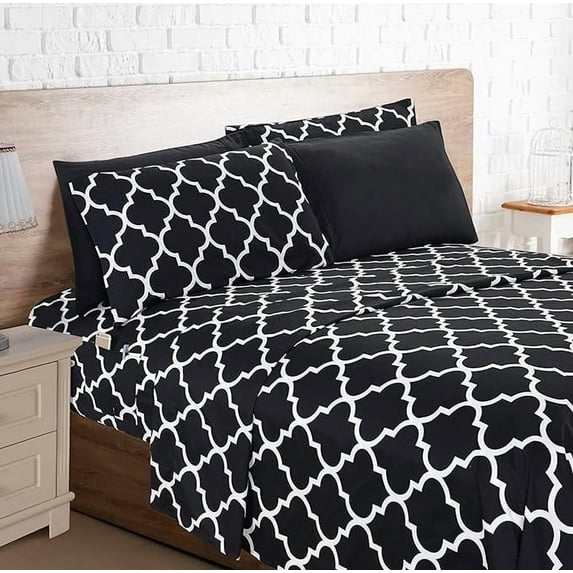 Mocassi 6-Piece Fitted Sheet Set with Smart Pockets Moroccan Trellis Print - 1500 Thread Count, Cozy, Fade Resistant, Moroccan Trellis Sheet Set, Queen, Black Ink