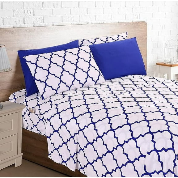 Mocassi 6-Piece Fitted Sheet Set with Smart Pockets Moroccan Trellis Print - 1500 Thread Count, Cozy, Fade Resistant, Moroccan Trellis Sheet Set, Queen, Cobalt Blue