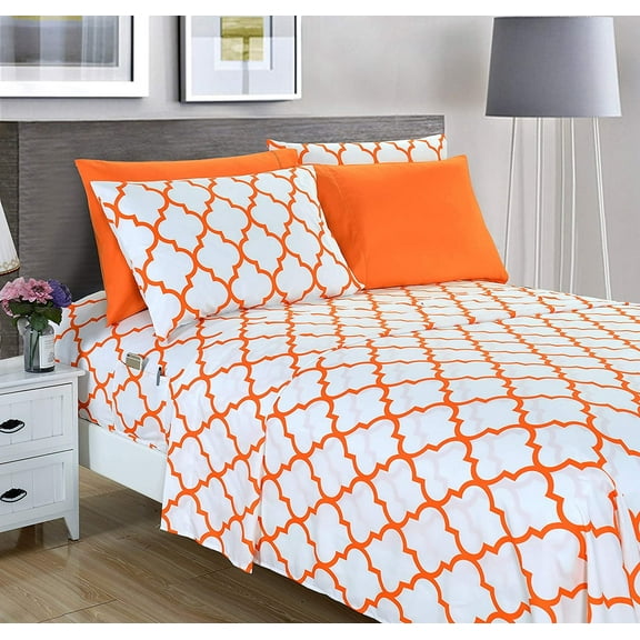 Mocassi 6-Piece Quatrefoil Printed Deep Pocket Bed Sheet Set, Queen, Orange