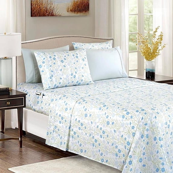 Mocassi 6-Piece Sheet Set - 1500 Series Hotel Quality Microfiber - Deep Pocket, Wrinkle Resistant 6-Piece Floral Bed Sheet Set, California King, Laurel Blue