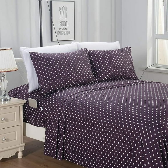 Mocassi 6-Piece Sheet Set with Smart Pockets Delilah Polkadot - 1500 Thread Count Cozy, Fade & Wrinkle Resistant, Polkadot Sheet Set, King, Eggplant Purple