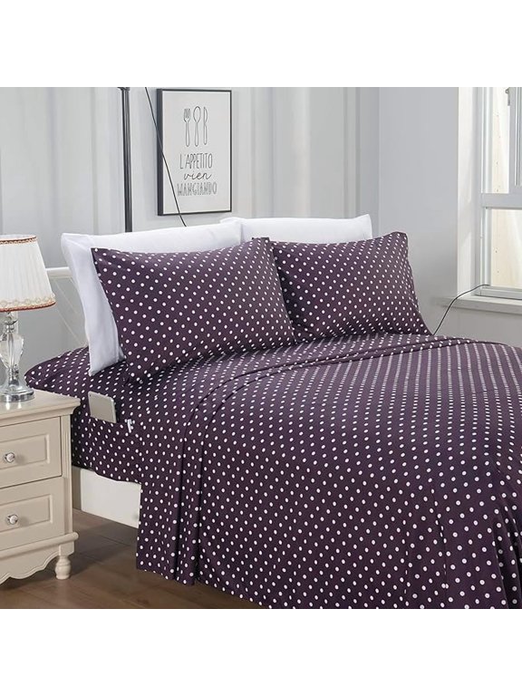 6-Piece Sheet Set with Smart Pockets Delilah Polkadot - 1500 Series Cozy, Fade & Wrinkle Resistant, Polkadot Sheet Set, King, Eggplant Purple