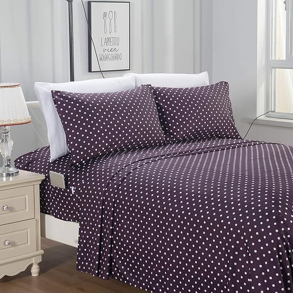 Mocassi 6-Piece Sheet Set with Smart Pockets Delilah Polkadot - 1500 Thread Count Cozy, Fade & Wrinkle Resistant, Polkadot Sheet Set, Queen, Eggplant Purple