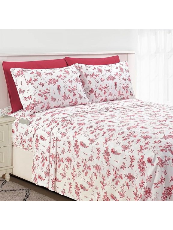 6-Piece Bed Sheets Set - Cardinal Pattern - 1500 Series Microfiber, Softness Wrinkle and Fade Resistant, Queen, Cardinal