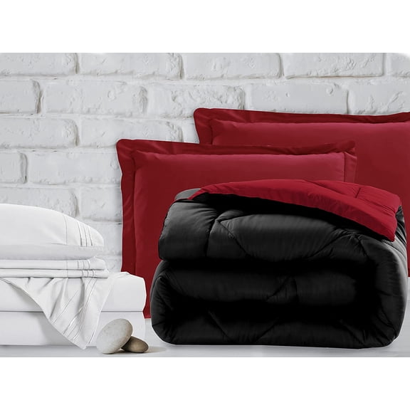 Mocassi 7-Piece Bed-in-a-Bag Comforter & Sheet Set 7-Piece Cal King Size Bed-in-a-Bag, Super Cozy Bed Sheets and Comforter Set, Wrinkle and Stain Resistant, Black/Burgundy
