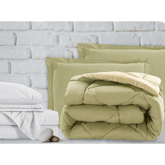 Mocassi 7-Piece Bed-in-a-Bag Comforter & Sheet Set 7-Piece Cali King Size Bed-in-a-Bag, Super Cozy Bed Sheets and Comforter Set, Wrinkle and Stain Resistant, Sage/Cream