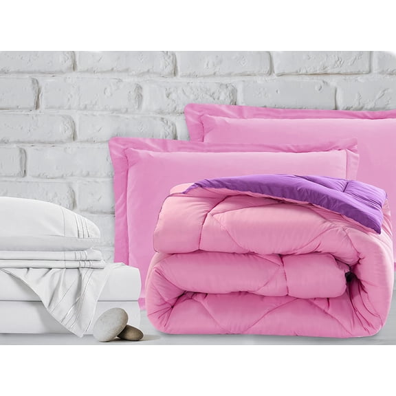Mocassi 7-Piece Bed-in-a-Bag Comforter & Sheet Set 7-Piece King Size Bed-in-a-Bag, Super Cozy Bed Sheets and Comforter Set, Wrinkle and Stain Resistant, Pink/Purple