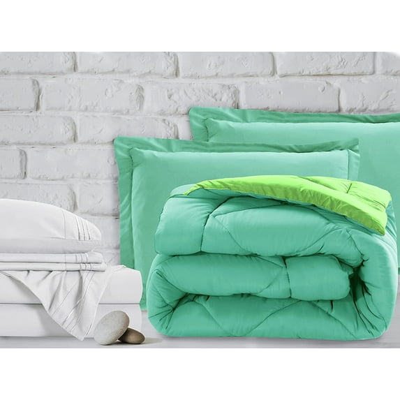 Mocassi 7-Piece Bed-in-a-Bag Comforter & Sheet Set 7-Piece Split King Size Bed-in-a-Bag, Super Cozy Bed Sheets and Comforter Set, Wrinkle and Stain Resistant, Aqua/Lime